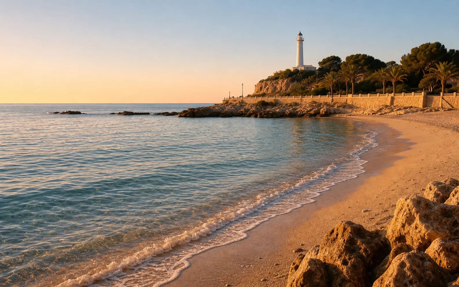 Playa tranquila de la Costa Daurada al atardecer, con el faro al fondo.