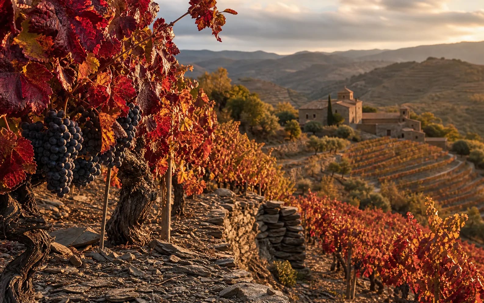 Uvas negras y hojas de otoño en un viñedo del Priorat.