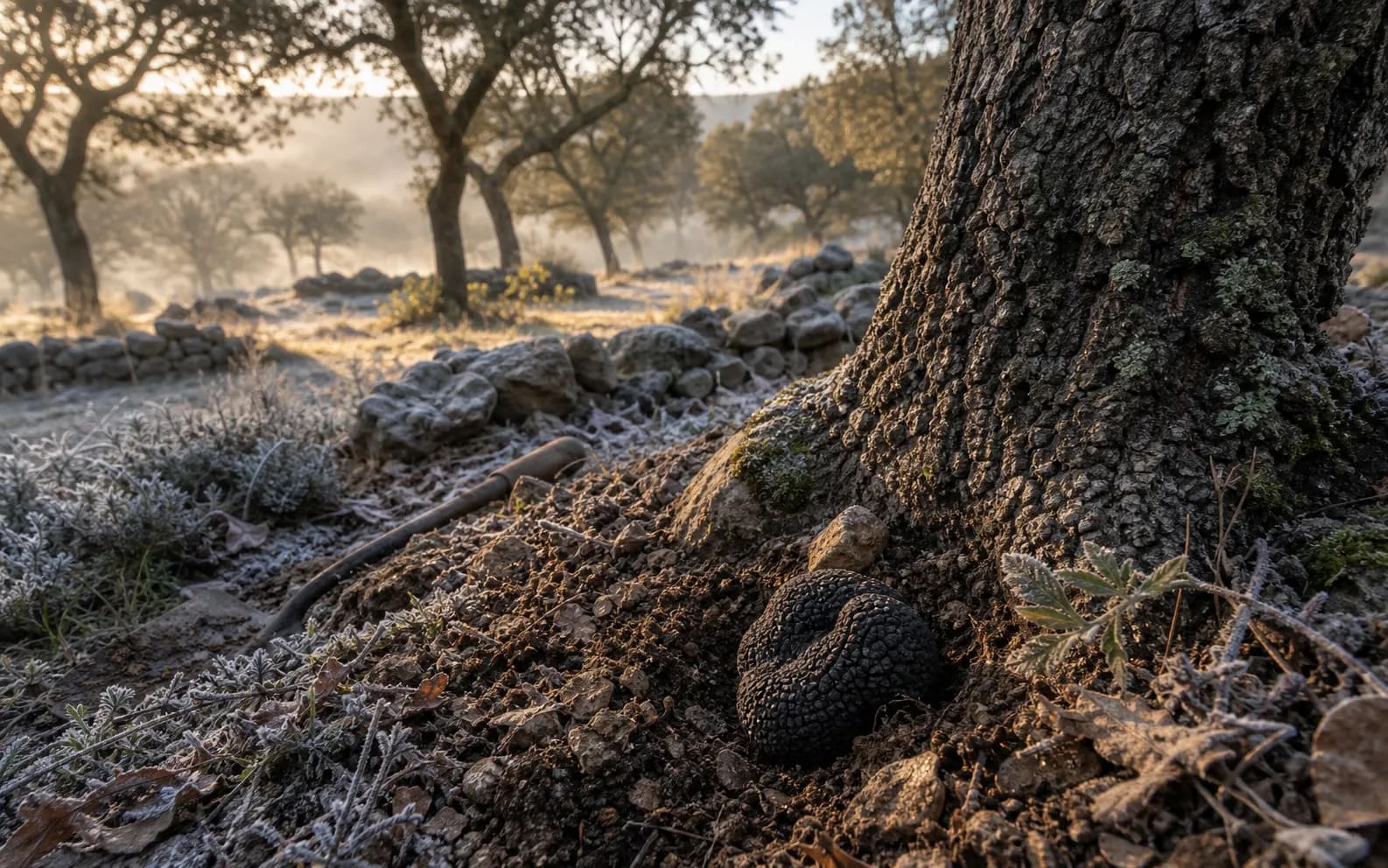 Trufa negra bajo una encina en una mañana fría en la finca de Cal Sec.