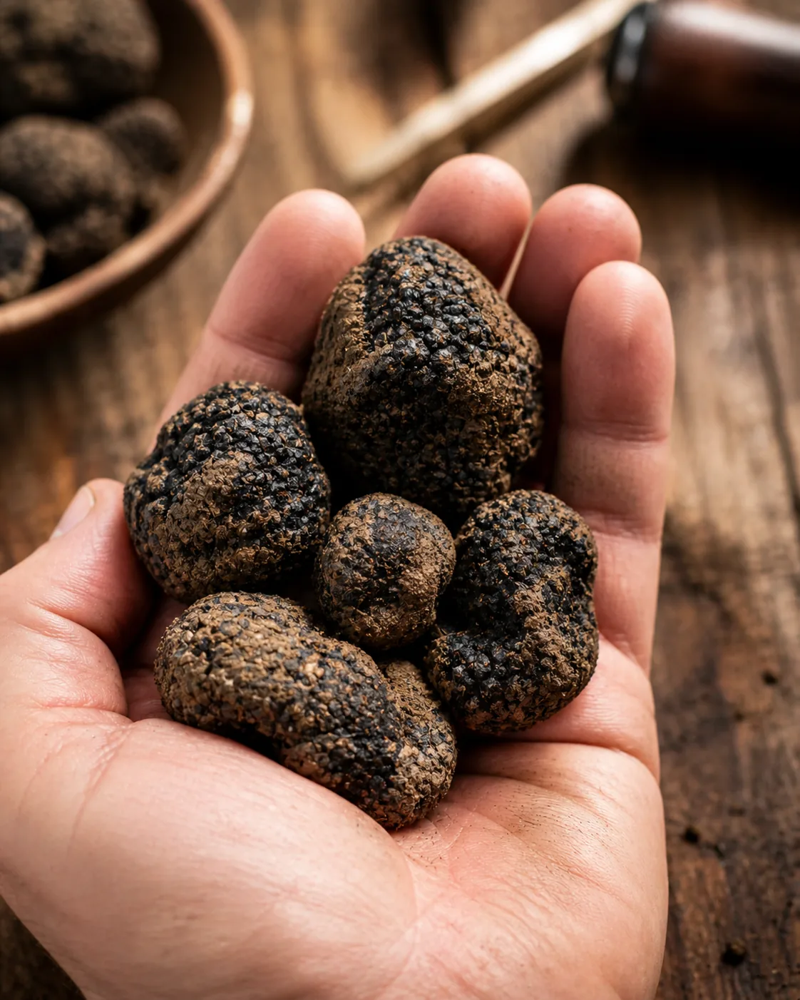 Un puñado de trufas negras recién recogidas en la mano